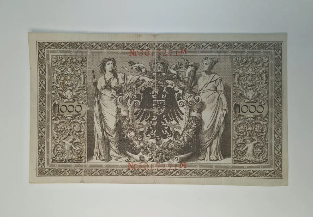 1910 tarihli Alman İmparatorluğu 1000 Mark Reichsbanknote (Brauner Tausender)  2