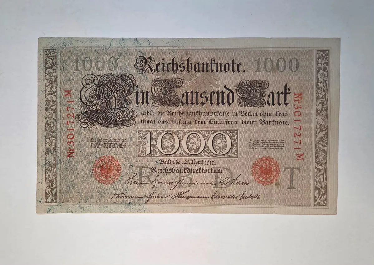 1910 tarihli Alman İmparatorluğu 1000 Mark Reichsbanknote (Brauner Tausender) 